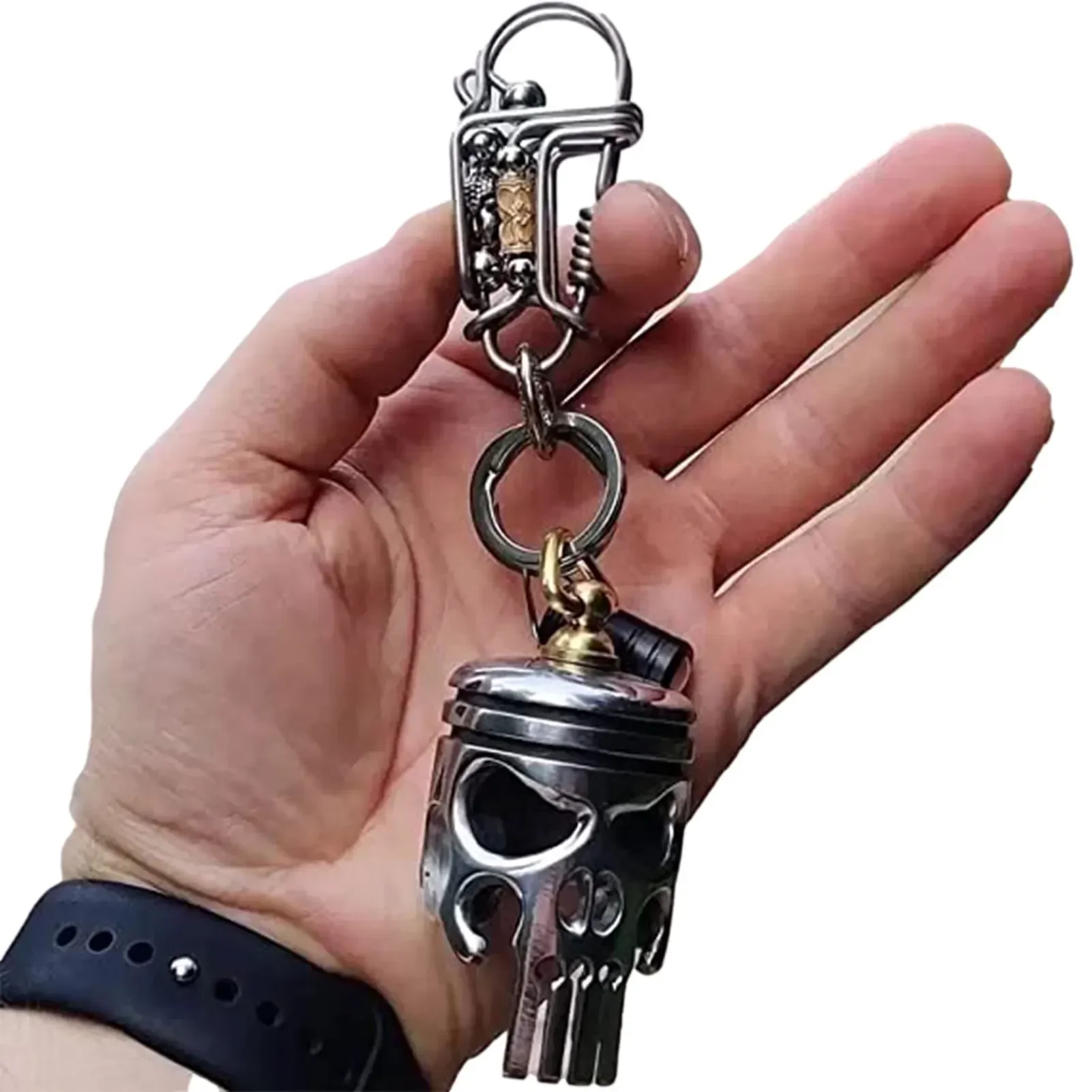 Durable Skull Keychains Piston Art Keychain Alloy Skeleton Key Chain Keyring With Flashlight And Bottle Opener Mini Pendant Car