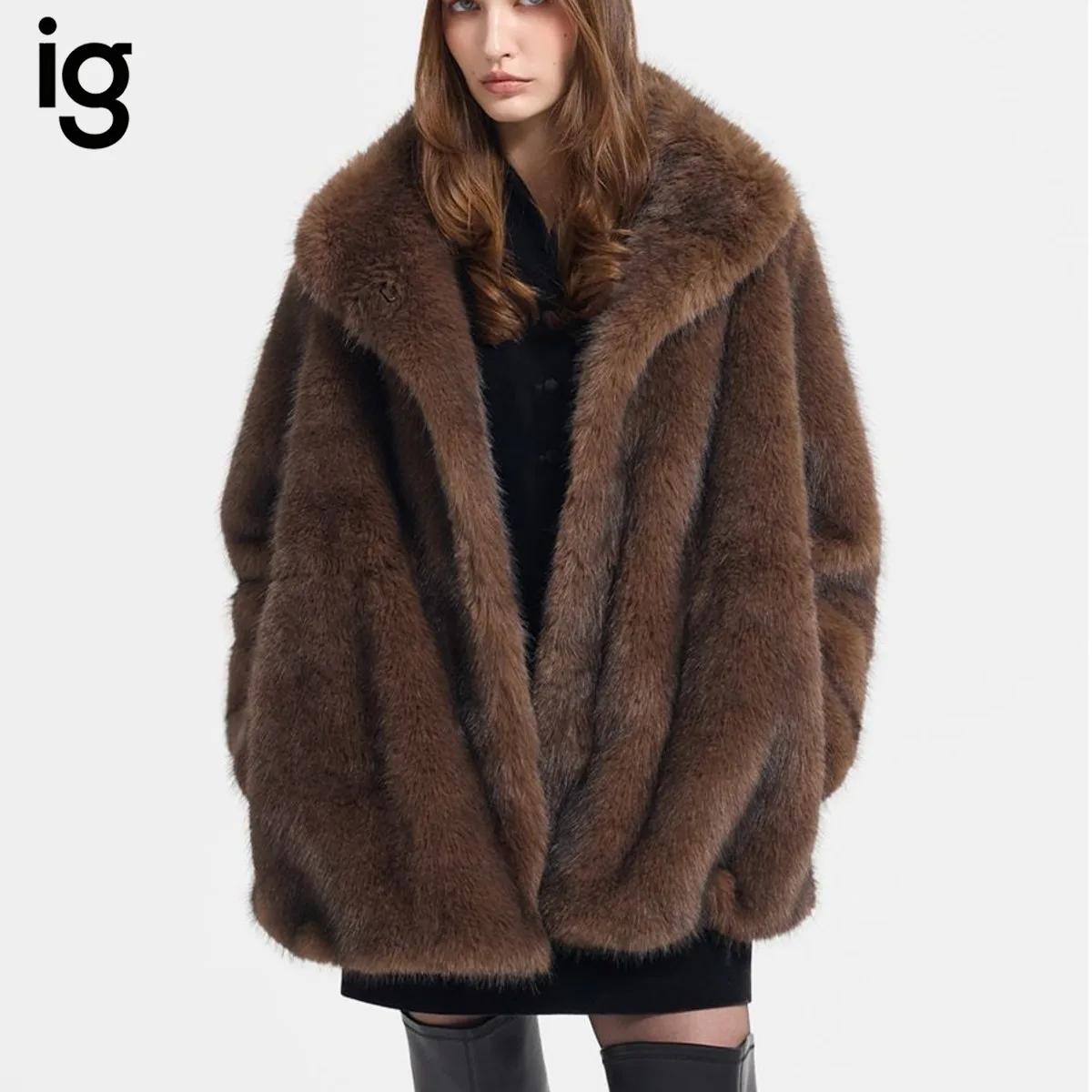 IG Women Brown Oversized Wide Lapel Mid-Length Coat, Hidden Placket Side Pockets, Winter Warm Vintage Casual Outerwear