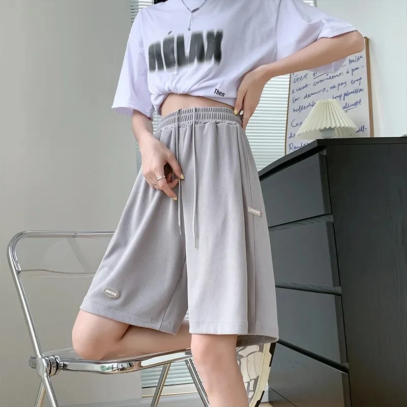 Damskie spodnie sportowe z wysokim stanem, z lodowego jedwabiu, letnie, cienkie, luźne, plus size, z szerokimi nogawkami, do kolan, w stylu koreańskim.