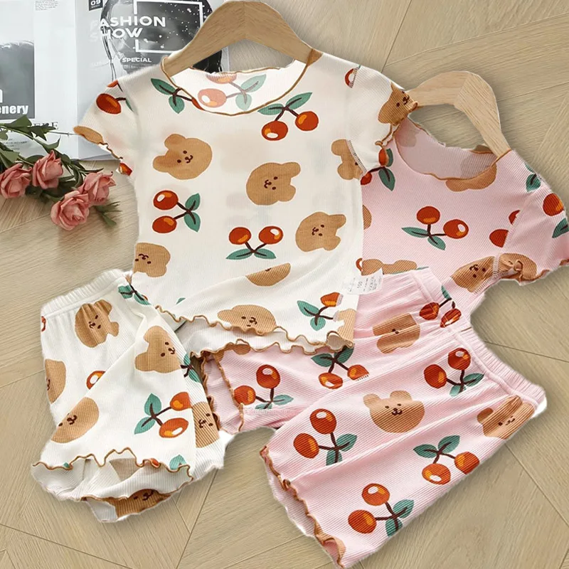 Sommer-Pyjama-Set für Mädchen – Kirsch- und Bärenmuster, zweiteilige Nachtwäsche mit kurzen Ärmeln und Hose, dünne, atmungsaktive Kinder-Heimkleidung