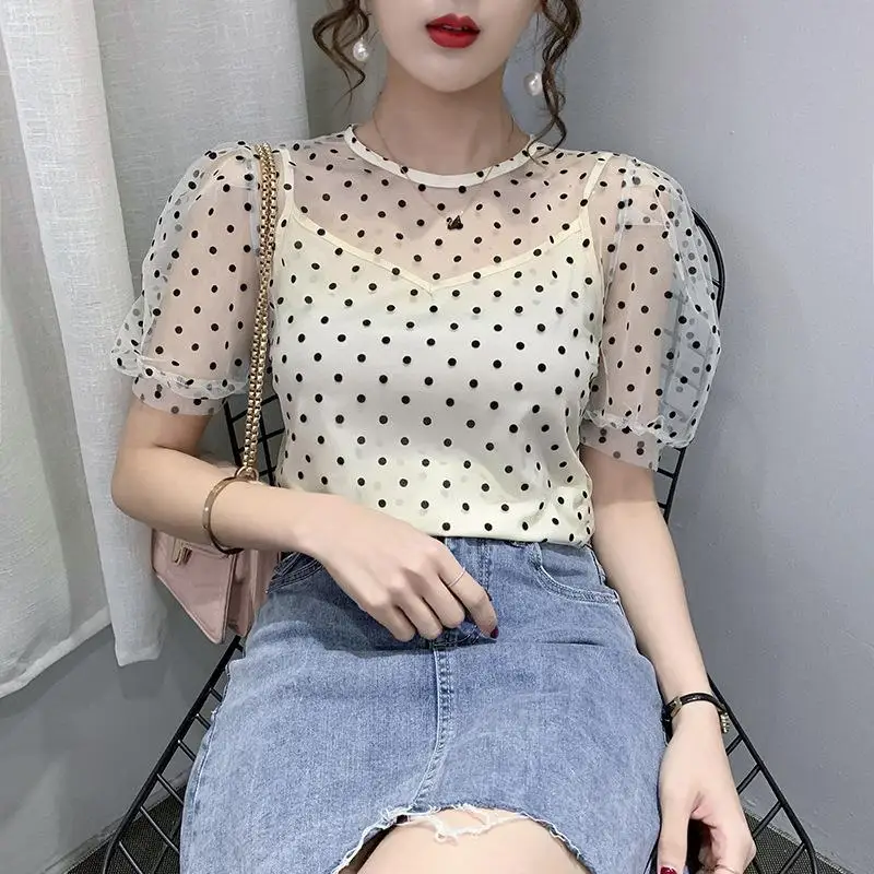 

Slimming Mesh Polka Dot Top with Suspender Two Short Bubble Sleeve Lace Shirt for Women Other Style Other Fabric Composition