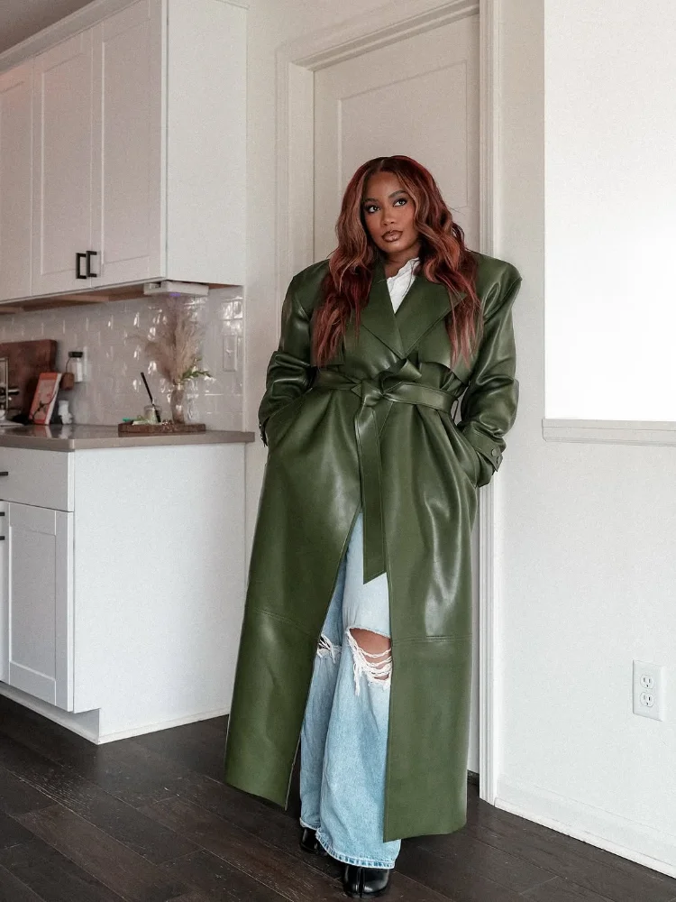 Street Pu Leather Women Long Coat Y2K Solid Belt Lapel Pocket Full Sleeve Female Jacket 2025 Autumn 