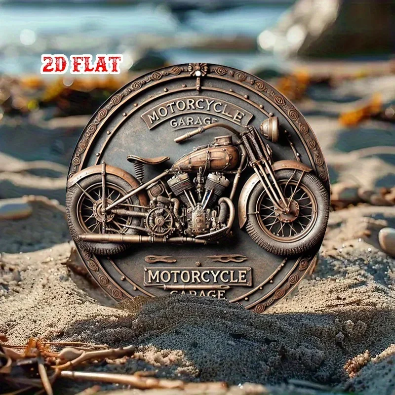 Vintage Industrial Motorcycle Aluminum Round Panel, One-Of-A-Kind, Rustic Metal Wall Art, Suitable for Home, Garage, Cafe, Restaurant Decoration