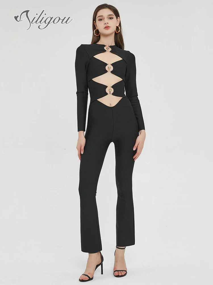 Ailigou 2023 New Women's Long Sleeve Sexy Round Neck Hollow Tight Bandage Jumpsuit Sexy Metal Ring Club Evening Elegant Clothing