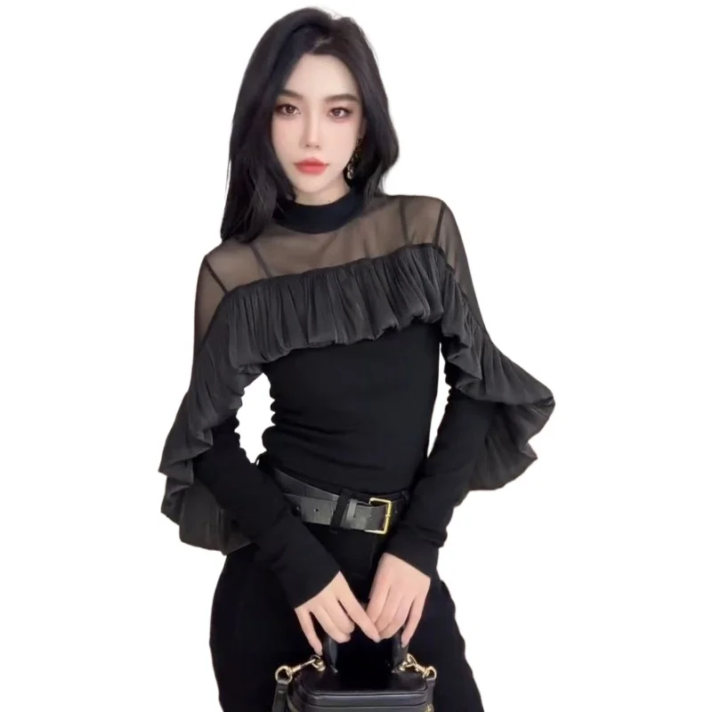 

Модная зарубежная популярная футболка с рюшами для девочек, женская осенне-зимняя новая футболка с длинными рукавами и полувысоким воротником для похудения, базовый слой