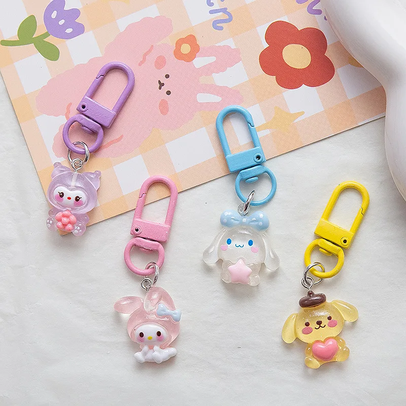 New Sanrio Fine Flash Full Body Resin Keychain Cute Cartoon My Melody Kuromi Cinnamoroll Backpack Pendant Decoration Wholesale