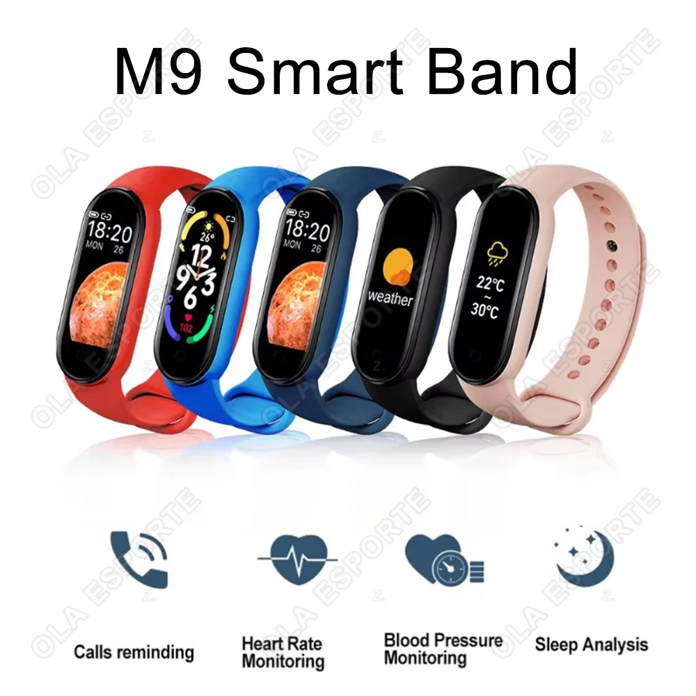 Pulseira Inteligente M9 de Silicone com Monitor de Frequência Cardíaca, Mostradores Variados, Rastreador de Fitness, Medidor de Pressão Arterial, Puls