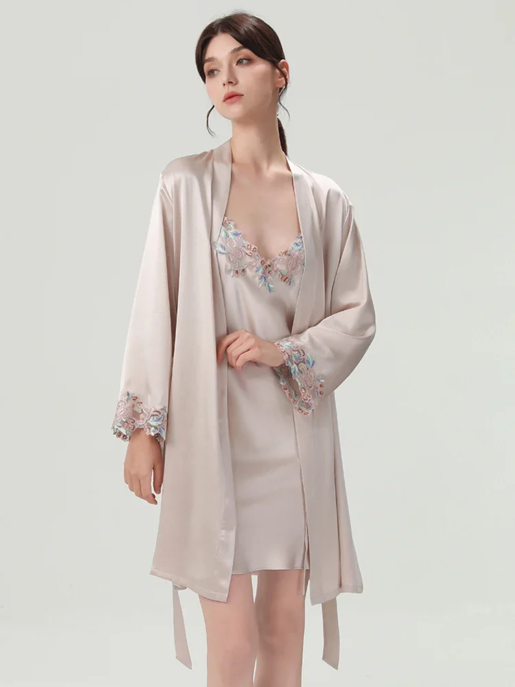 

Вышитое кружево 22 мм, тяжелая шелковая ночная рубашка, комплект халатов из 100% тутового шелка с v-образным вырезом и открытой спиной, женская одежда для сна, кимоно, ночная рубашка