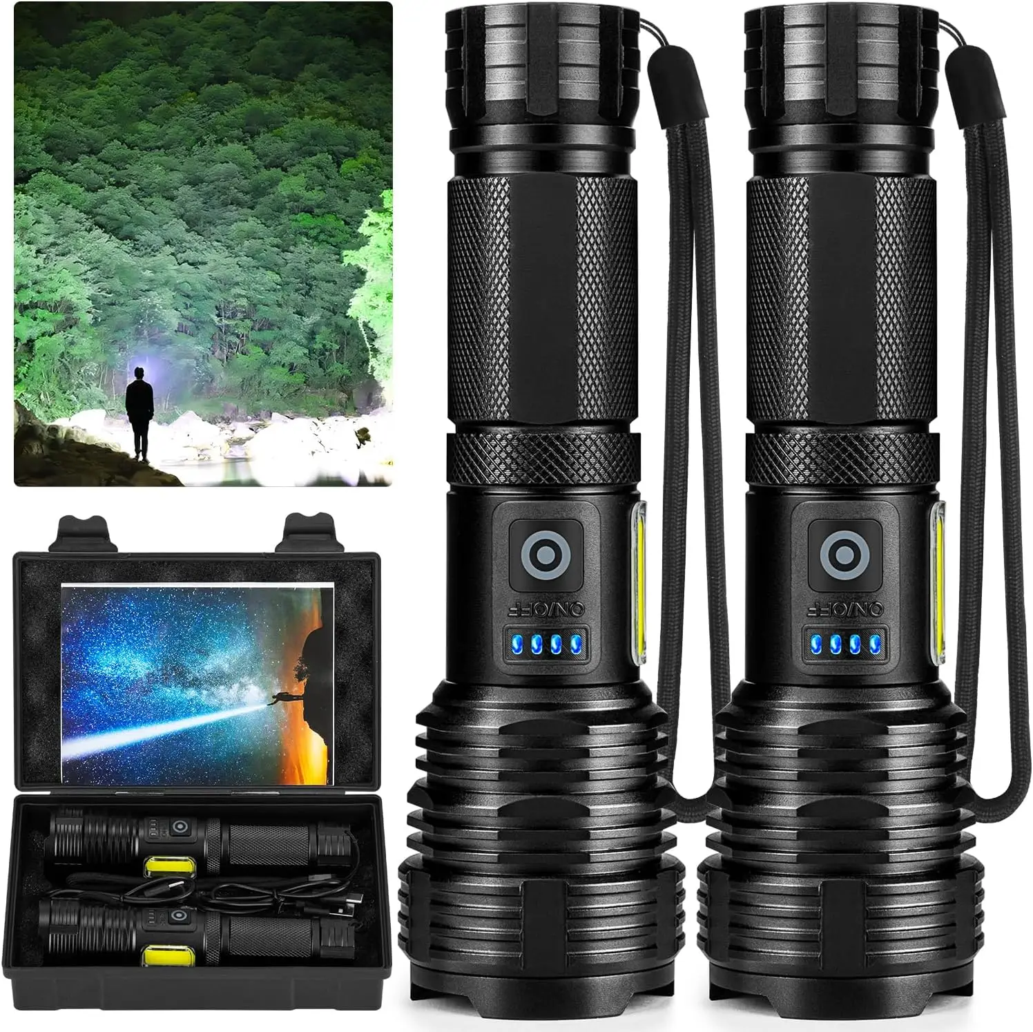 مصباح يدوي عالي التجويف USB قابل لإعادة الشحن 99,000 LM مصباح LED مقاوم للماء للتخييم والمشي لمسافات طويلة (عبوة من قطعتين)