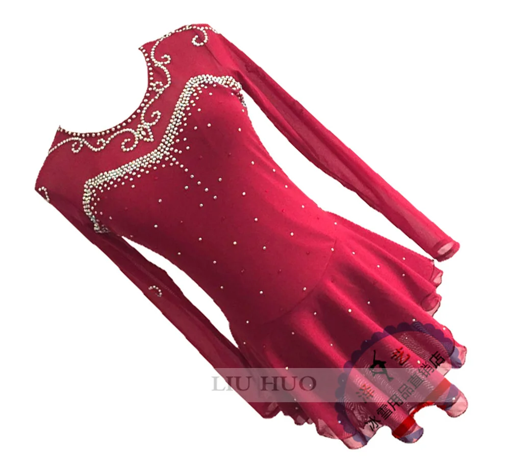 LIUHUO Women Girl Adult Performance Ballet Roller Costume Competition Leotard Skirt Ice Figure Skating Dress Teen Red Wine Dance