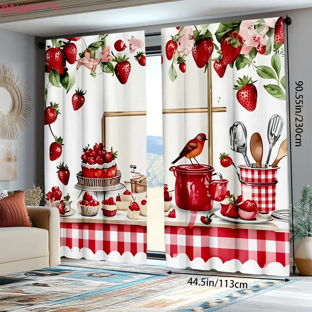 Strawberry Print Farmhouse Kitchen Blackout Curtains - Sweet Country Style Cooking Window Drapes for Home Decor