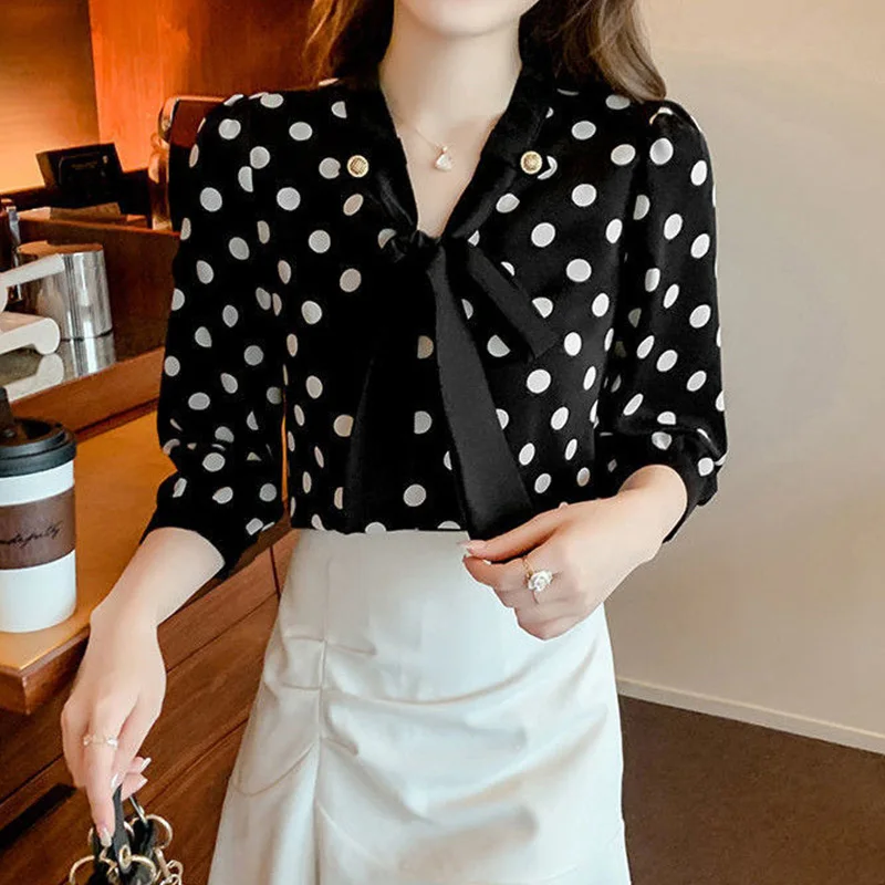 Polka Dot Chiffon Shirt Women\'s Clothing 2023 Spring Summer Bow Lacing Loose-fitting Three Quarter Sleeve Color Block Blouses