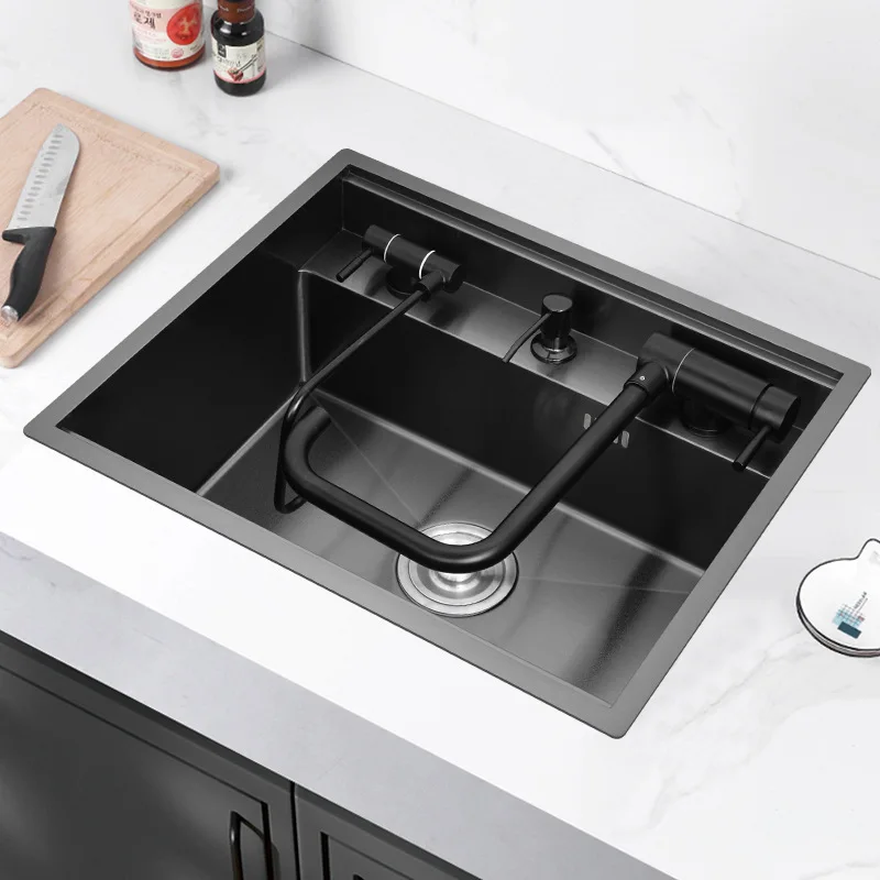 55*45*23cm Nano Black/Brushed Nakajima Bar Sink Hidden Kitchen Sink 304 Stainless Steel Single Groove Invisible With Cover