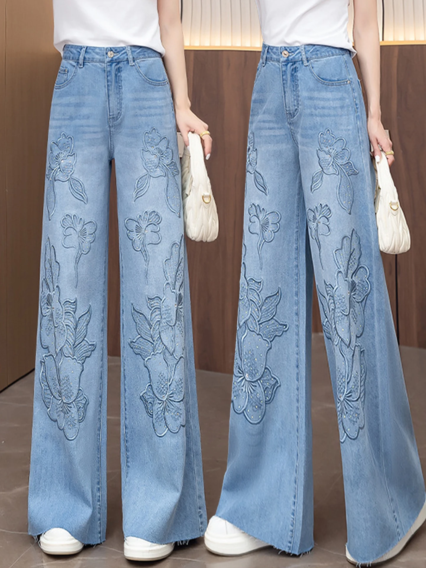 

Light Blue Embroidered Wide Leg Jeans High Waist Loose Slimming Summer Thin New Style Women's Casual Straight Leg Jeans