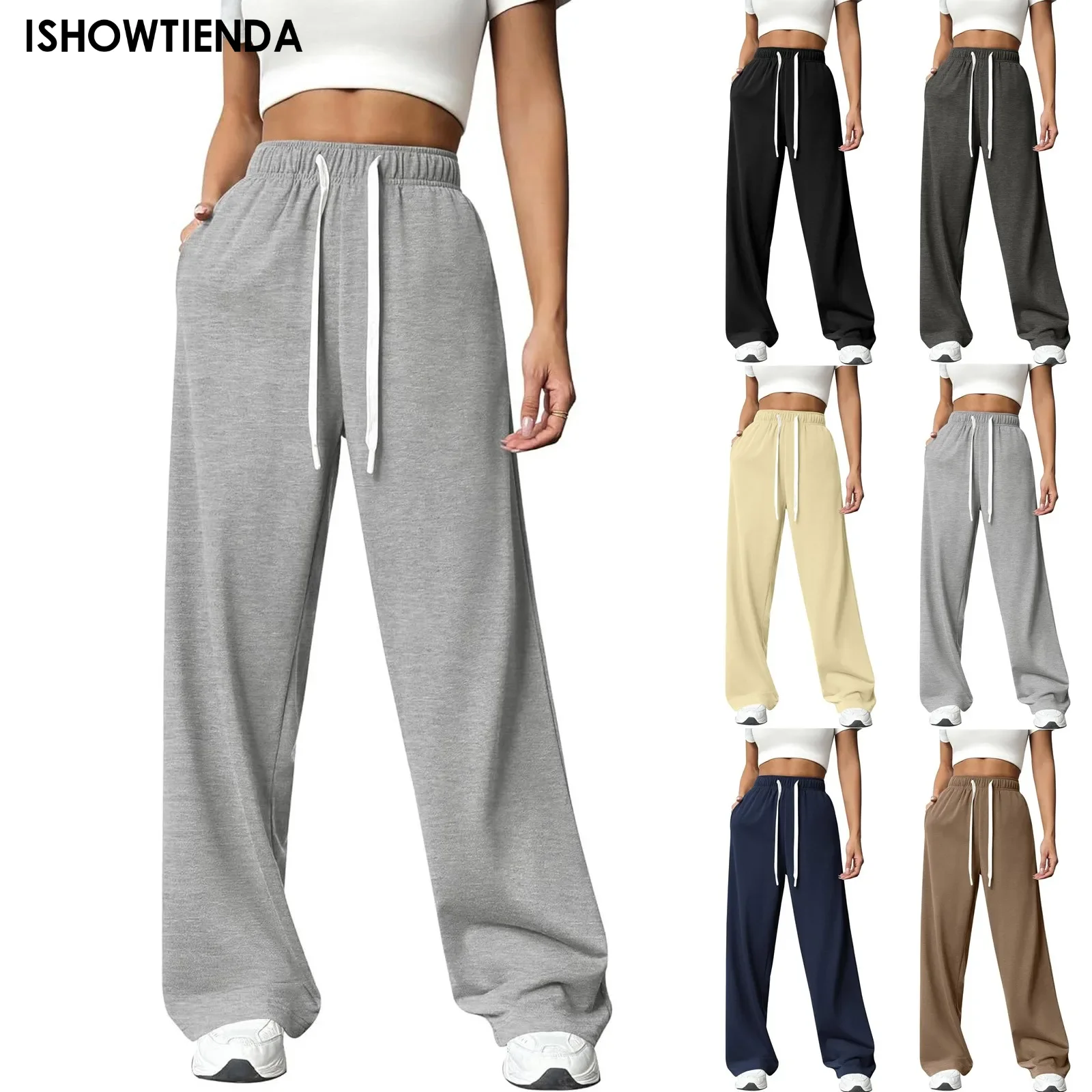 Women S Casual Wide Leg Joggers Sweatpants Solid Color Drawstring High Waist Trousers Lounge Pants Women Sports Long Pants