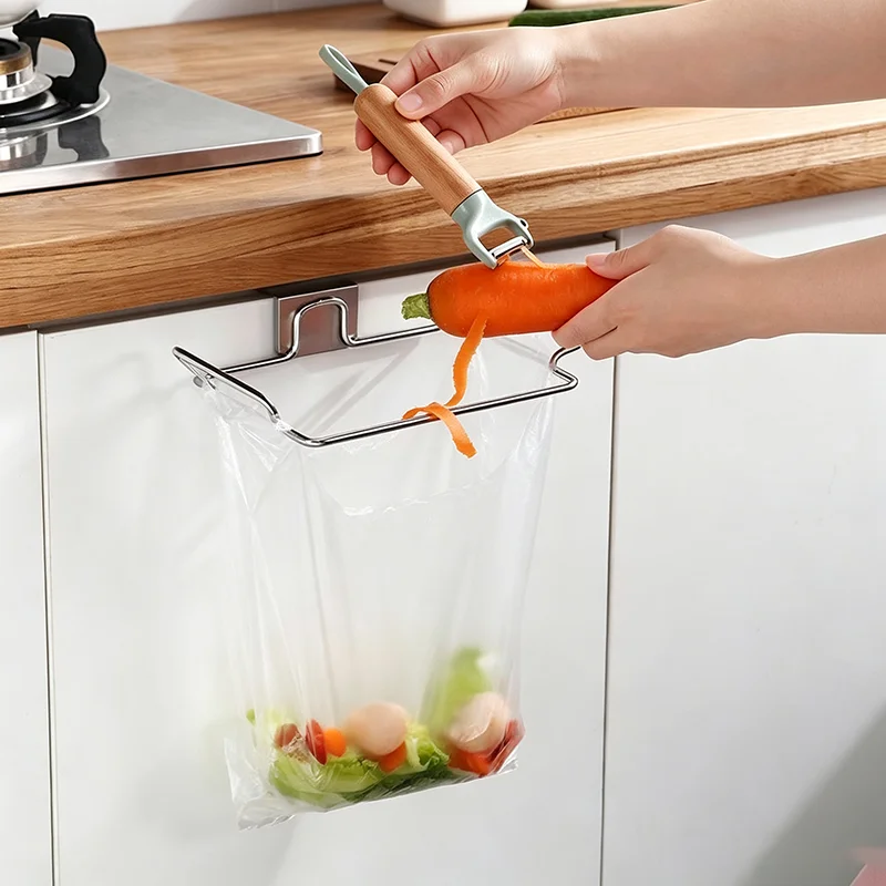 Stainless Steel Trash Bag Holder Hook Under Cabinet Garbage Bag Rack Kitchen Storage Support Bracket