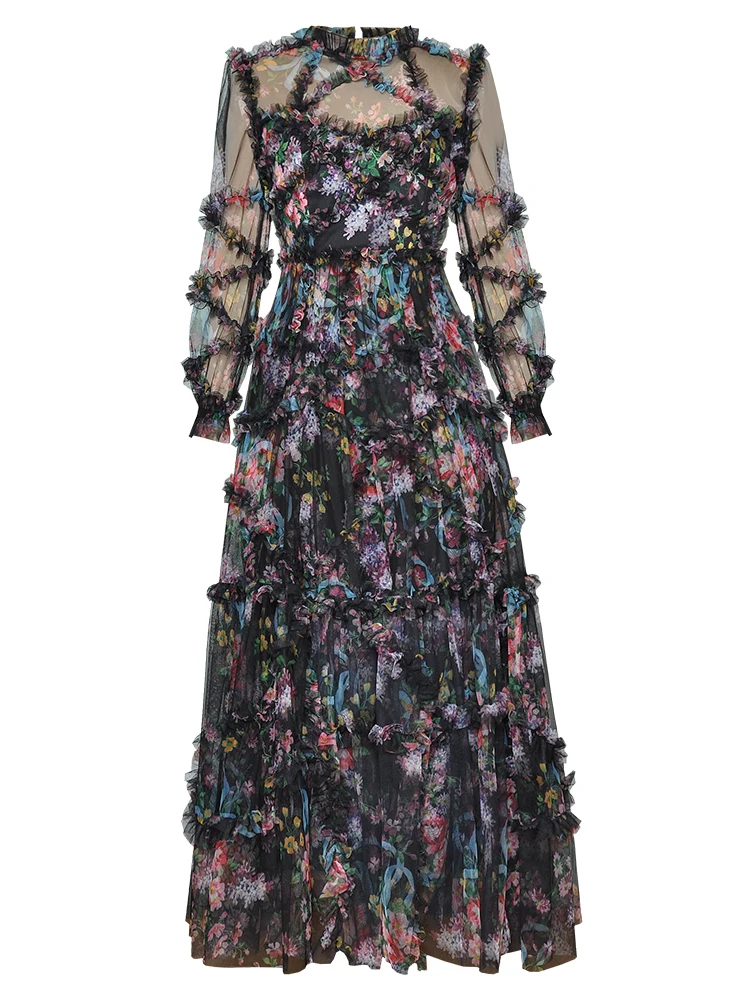 TWOTWINSTYLE Hit Color Print Dresses For Women Round Neck Lantern Sleeve High Waist Folds Elegant Dress Female Fashion Clothing
