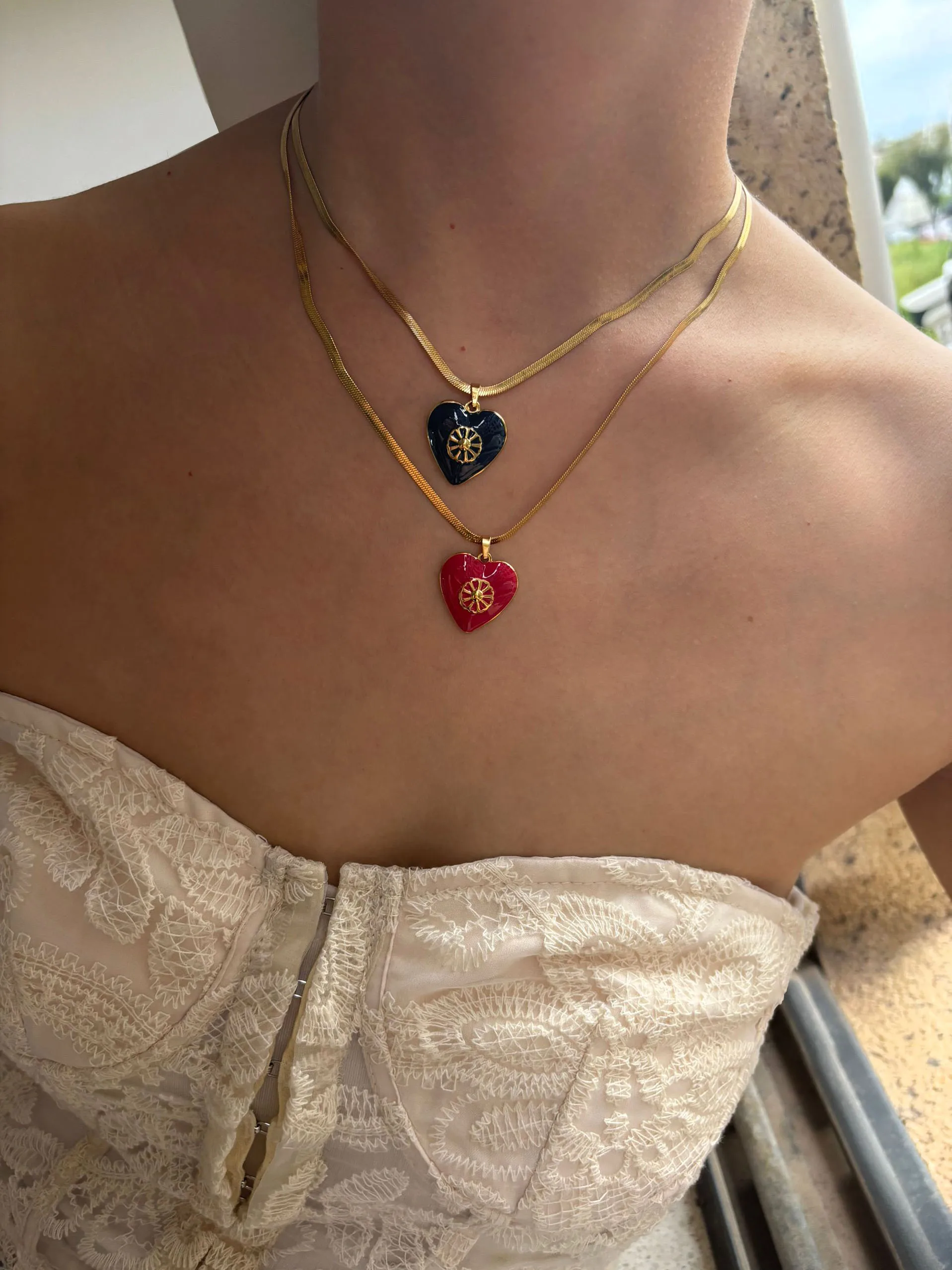 Peri'sbox موضة بسيطة أحمر أسود على شكل قلب المينا قلادة قلادة 18K مطلية بالذهب شفرة سلسلة المرأة مجوهرات هدايا ريترو #4