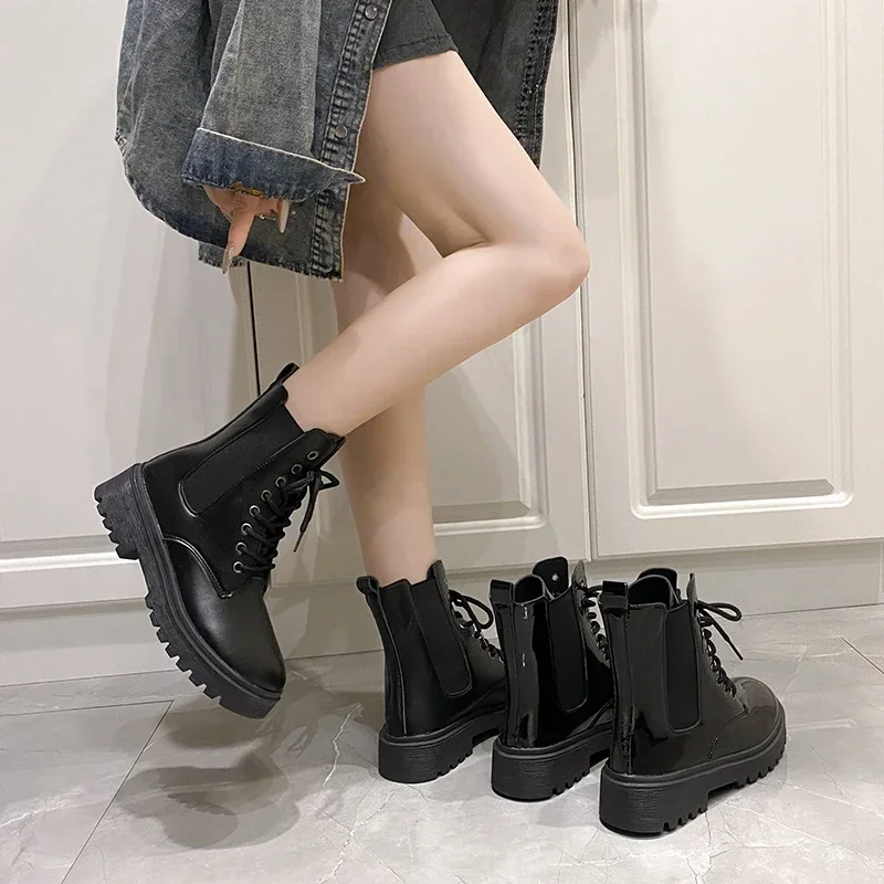 Neue Winter-Motorradschuhe mit mittelhohem, dickem Absatz und runder Zehenpartie, bequeme und modische, glänzende/matte Damenstiefel – Detail 5