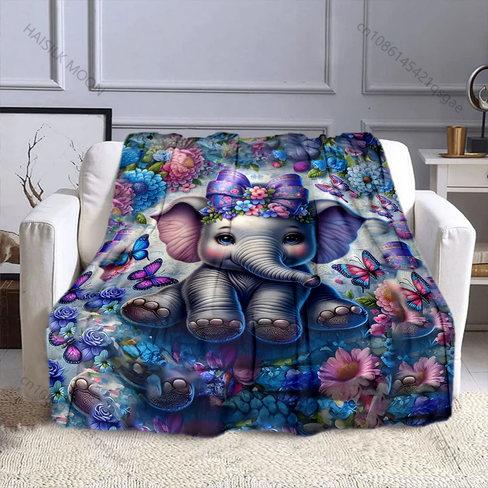1PC Baby elephant amid flowers and butterflies Print Adult Children Warm Blankets Home Travel Car Soft Comfortable luxury gift