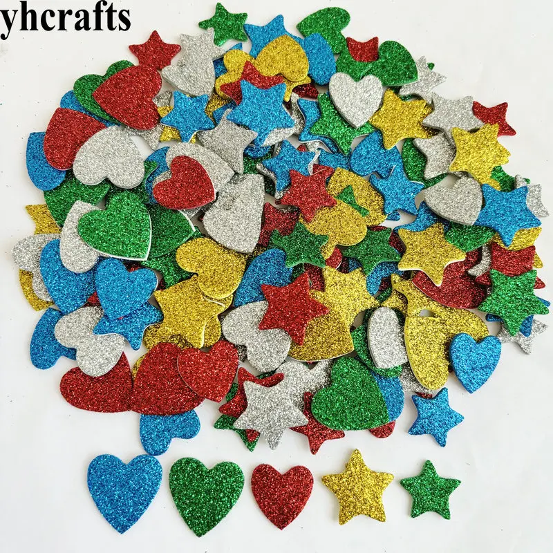 Glitter Star e Hearts Foam Adesivos, Decoração de Natal, Xmas Party Favors, Jardim de Infância Artesanato, Artesanato, 150pcs por lote