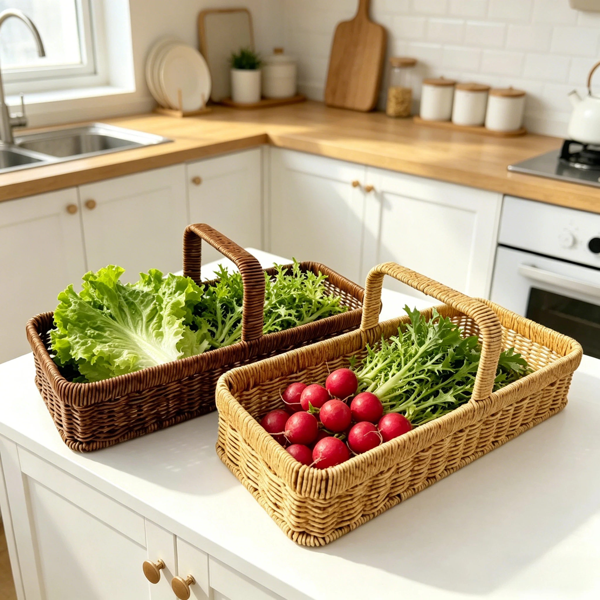 Woven Imitation Rattan Handled Storage Basket Rectangular Organizer for Kitchen Living Room Bathroom Bedroom Balcony Picnic Gift view 3