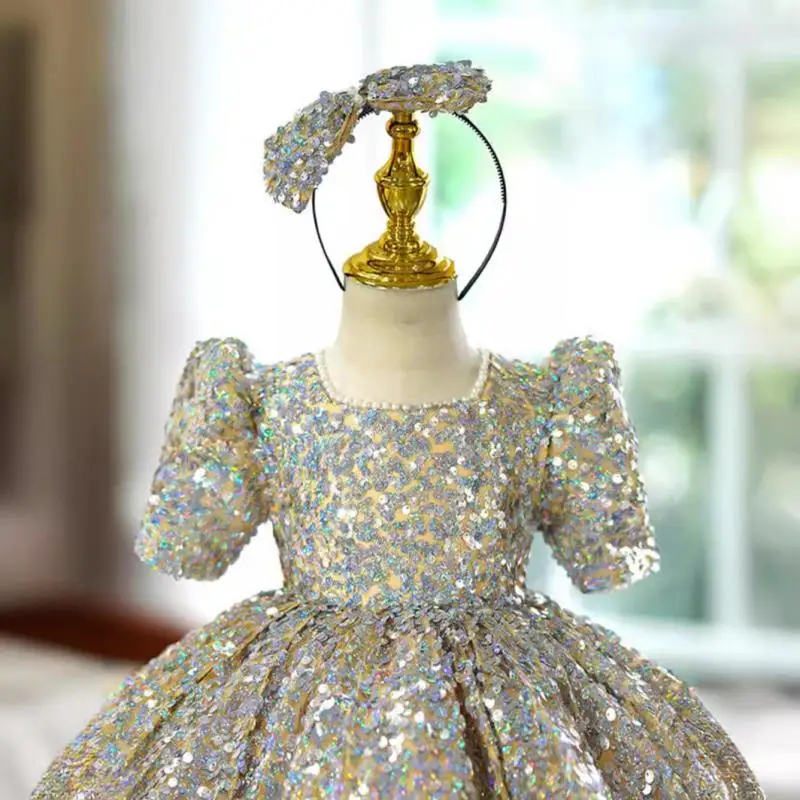 2024 Luxury Sequin Girl Birthday Party Baby Kids Princess Dress Short Sleeved Round Neck High End Ballroom Clothing for Children