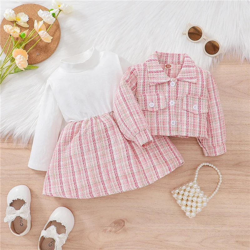 Baby Girl Party Elegant 2Pcs Outfits, Plaid Long Sleeve Buttons Outwear + Patchwork Mock Neck Dress Set for Toddler, 3-24Months