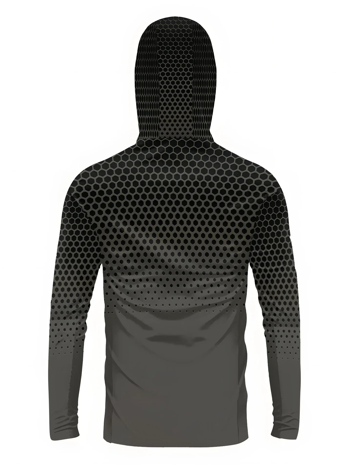 Herren Sommer UPF50+ Angel-Hoodie mit Gesichtsmaske, Grauer Wabenmuster-Druck, Schnelltrocknend, Atmungsaktiv, Langarm-Angelhemd – Detail 10