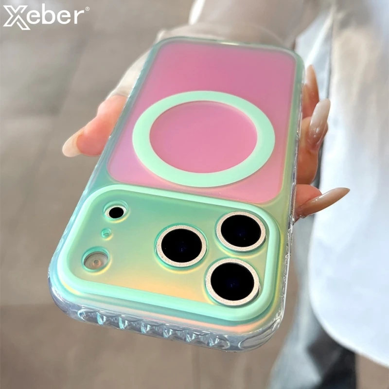 Luksusowe etui na telefon z efektem gradientu laserowej aurory, kompatybilne z Magsafe, do iPhone 18 15 16 17 Pro Max, magnetyczne, z funkcją bezprzewodowego ładowania, twarda osłona z bumperem.