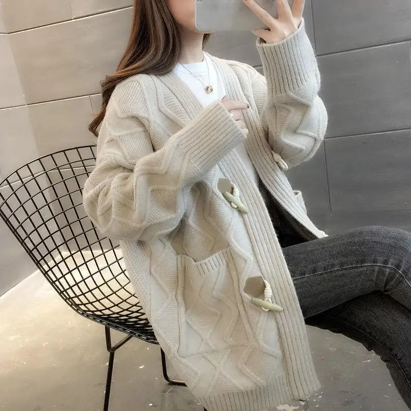 Women's Cardigan Jacket Autumn Winter Argyle Textured Pattern Hooded Irregular Hem Buttons Fleece Oversized Outerwear Coat LX189