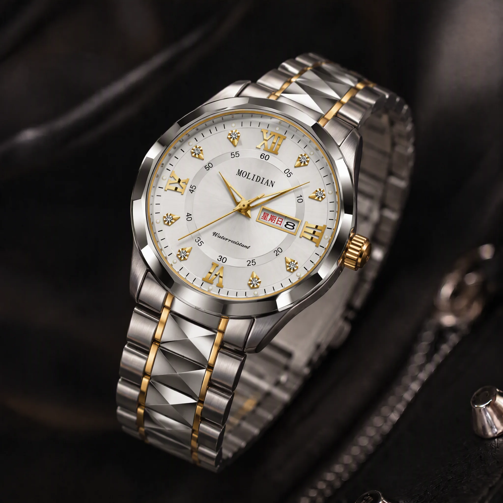 CILOA-Men Business Quartz Watch Two-tone Rhombus Steel Band Roman Rhinestone Dial Day Date Waterproof Wristwatch Reloj Hombre-49