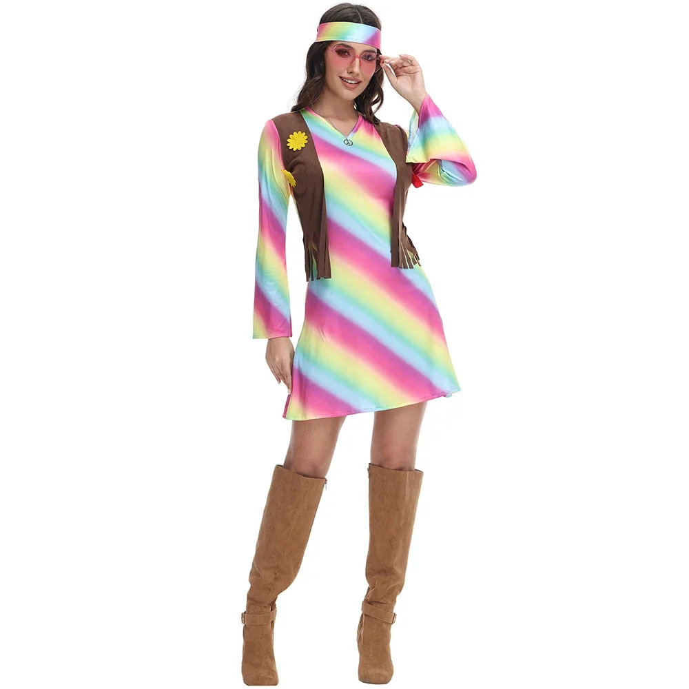 

Halloween Carnival Party Retro 60s 70s Rock Disco Hippie Costumes Adult Women Men Rainbow Print Couples Cosplay Fancy Dress