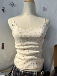 Floral Print Bow Tank Tops Women Y2k Vintage Hollow Out Sleeveless Beige Cotton Camisole Casual Harajuku Summer Slim Vests 2023