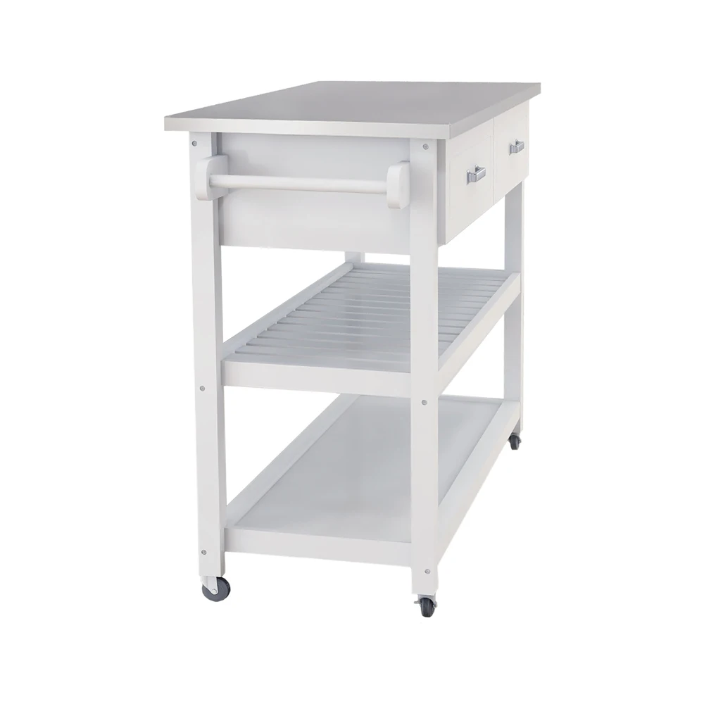 Stainless Steel Table Top White Kicthen Cart With Two Drawers