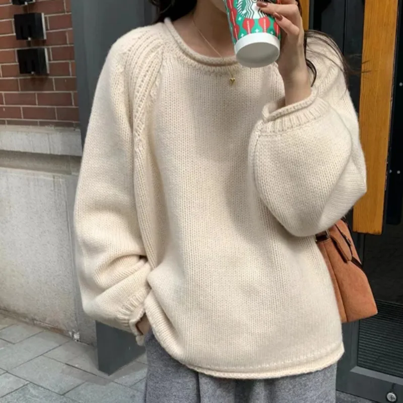 Knitted Pullovers for Women Long Sleeve O-neck Warm Autumn Winter All-match Minimalist Solid Young Girls Ulzzang College Fashion