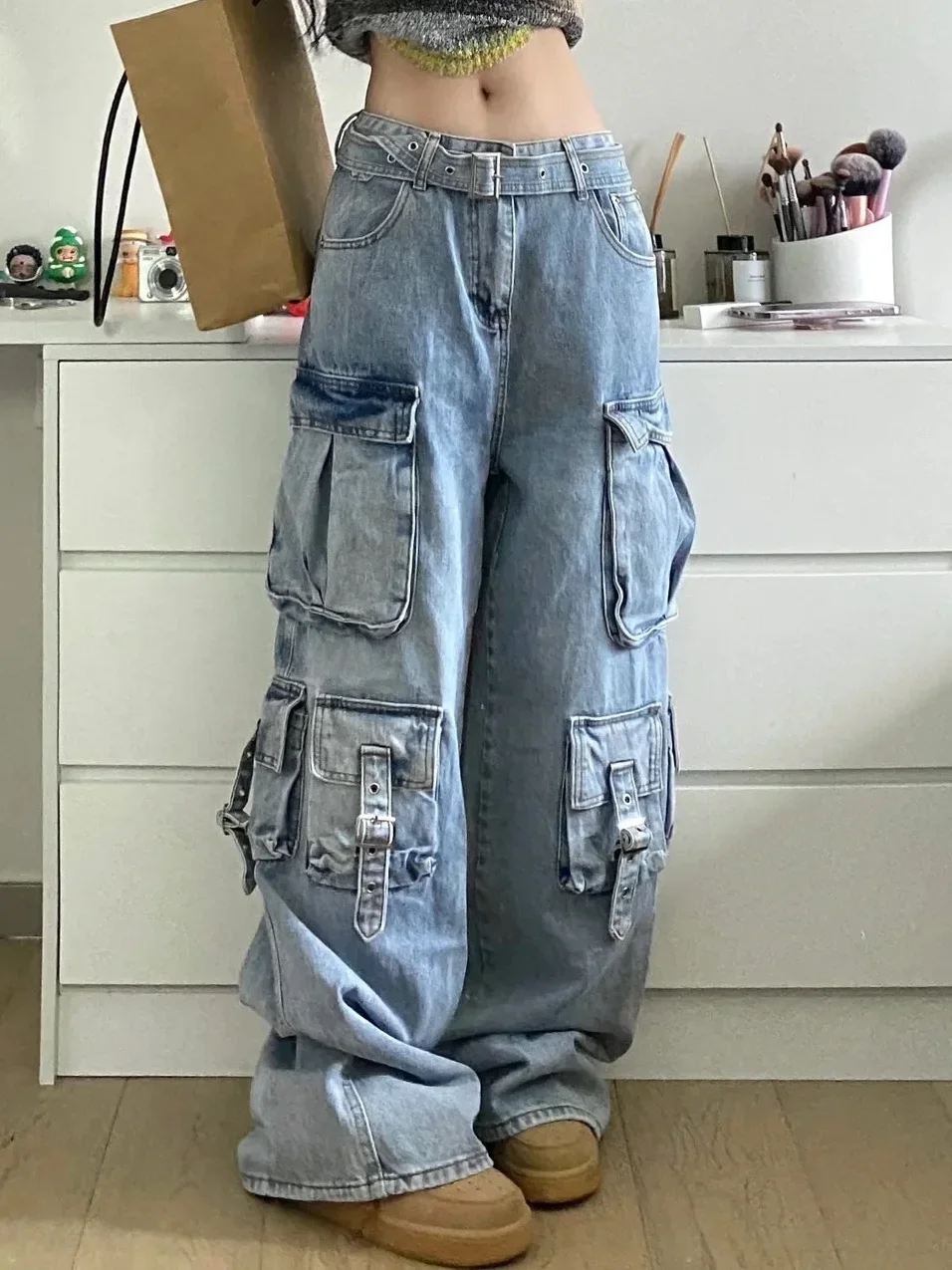 Techwear Pocket Baggy Jeans with Belt Women Denim Pants y2k clothing plus size cargo streetwear harajuku loose wide leg straight