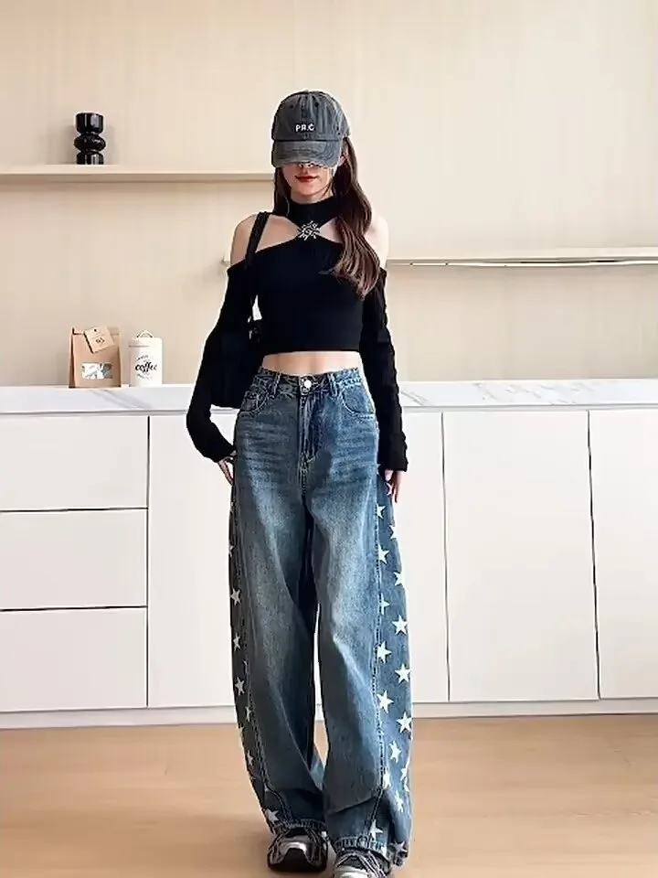 American Blue Curved Knife Wide Leg Jeans Retro Star Print Unisex High Waist Zipper Closure Denim Pants for Spring Autumn