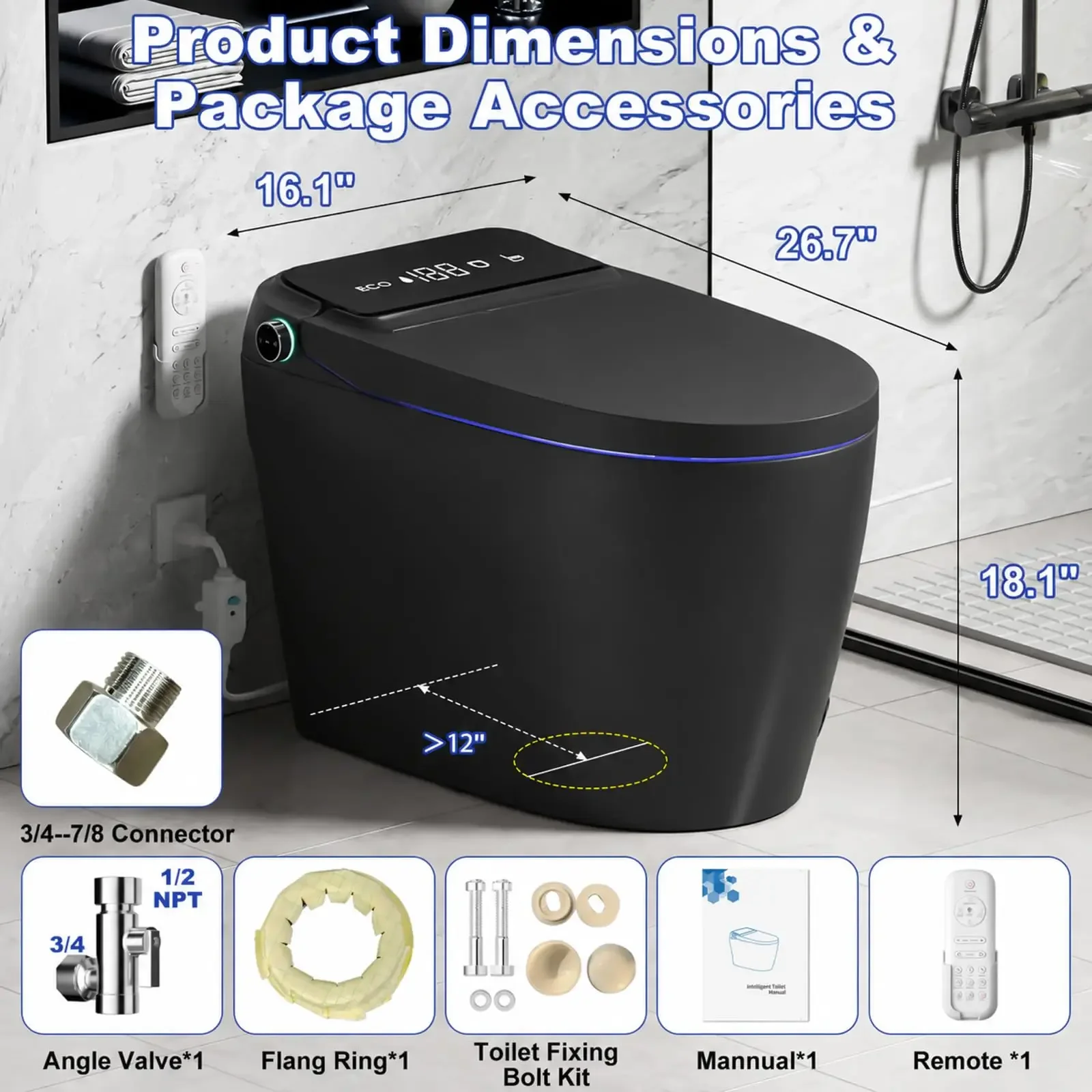 Smart Toilet with Bidet Built In with Warm Water Sprayer and Dryer