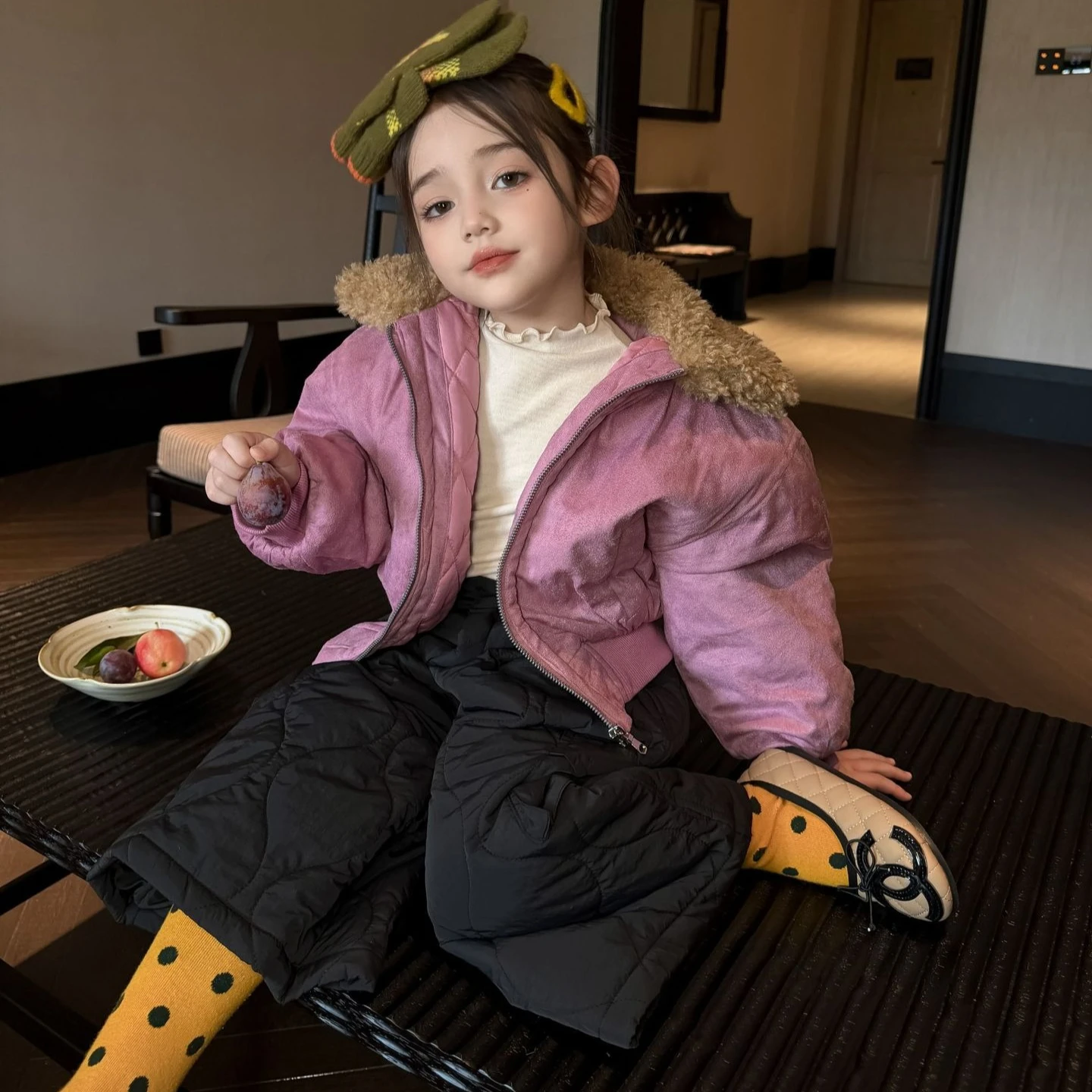 Girls Suit 2026 Autumn and Winter New Childrens Clothing Korean Style Girl Baby Fur Collar Cotton Clothes Cotton Pants Two Sets