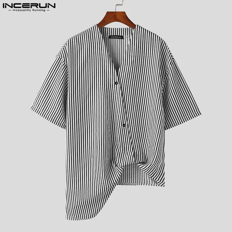 INCERUN-Chemise rayée à patte alertes onale simple pour hommes, Streetwear masculin, personnalité, chemisier à demi-manches, beau, Y-2024, S-5XL