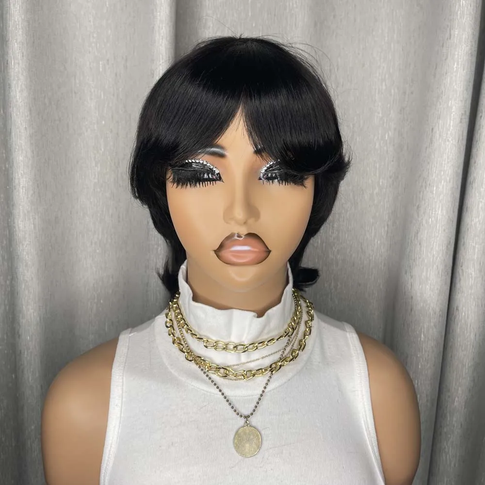 ピクシーカットウィッグ 人毛 黒人女性用 前髪付き ナチュラルブラック ストレート フルマシンメイド ショートレイヤード