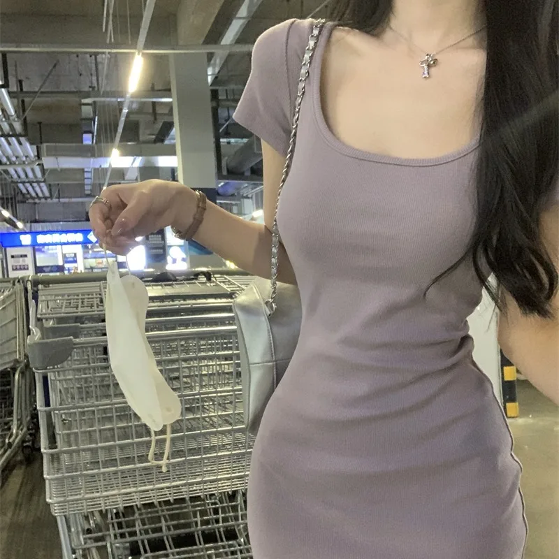 

Summer New Women's U-neck Color Purl Knit Short Dress Purple T-shirt Dress Slimming Effect Pear Shape Body Type