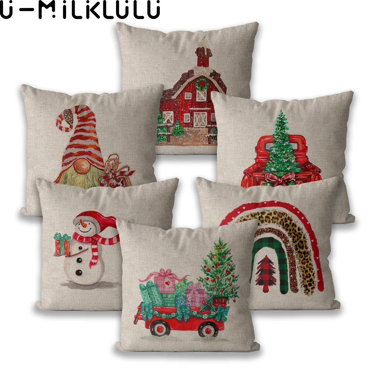 

Linen Cushion Cover for Party Decor Happy Merry Christmas Decoration Xmas Tree Car Snowman House Jesus, New Year, 45x45, 40x40