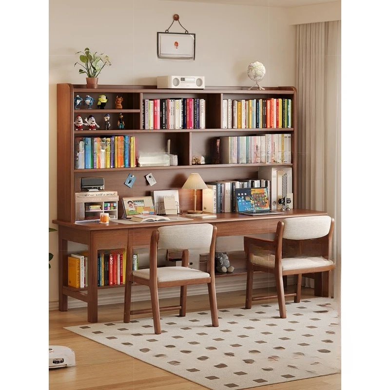 

Solid wood double desk bookshelf integrated table household children's study table living room simple computer table