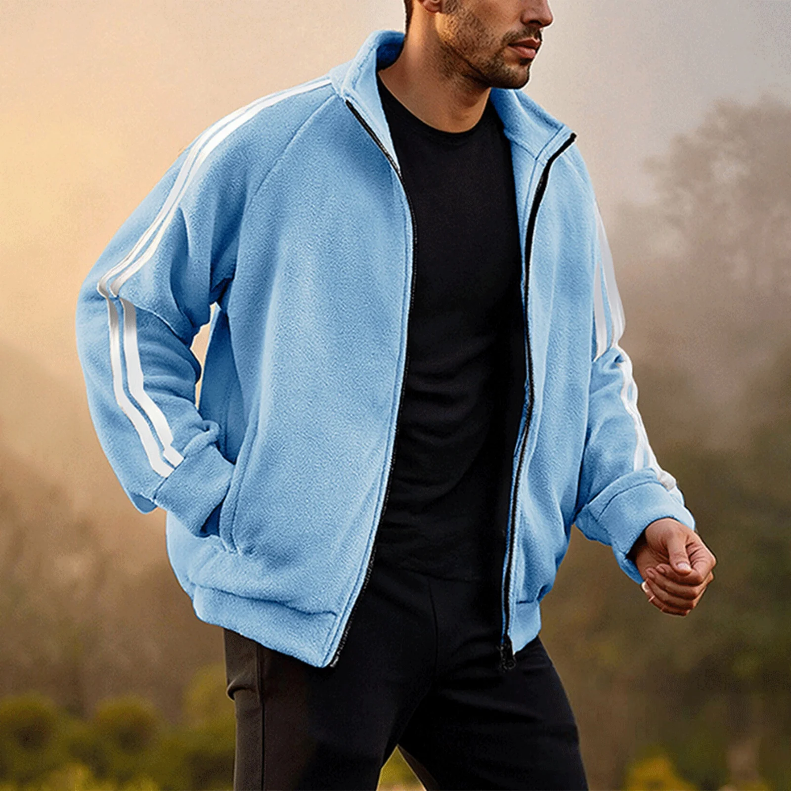 

Men's Fall Winter Casual Double-sided Fleece Warm Jacket Fashion Striped Design Solid Color Zipper Stand-up Collar Sports Jacket