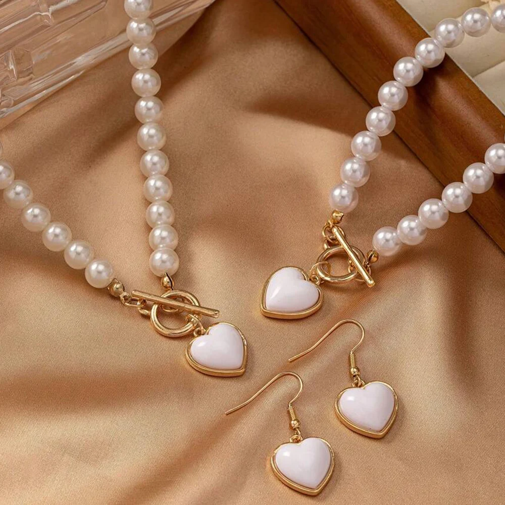3 PCS Set Pearl Effected Rose Charm Imitation Pearl Necklace Bracelet Earring Stud Set Heart Pendant Necklace Jewelry Set Gift image 3