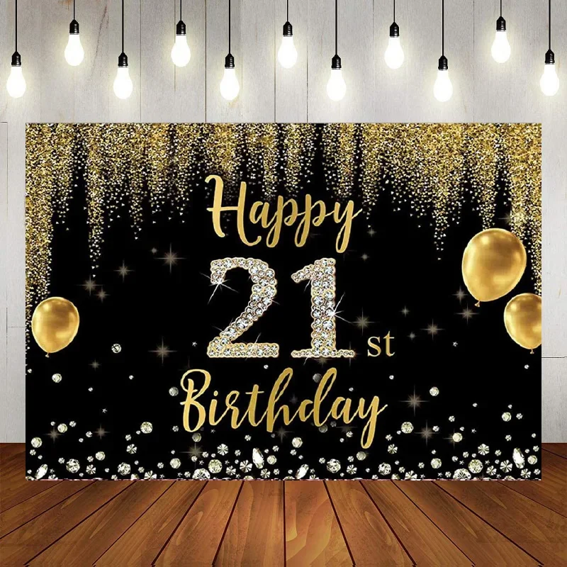 

Happy 21st Birthday Party Photography Backdrop Background Decorations Black Gold For Women Men Her Him Poster Banner