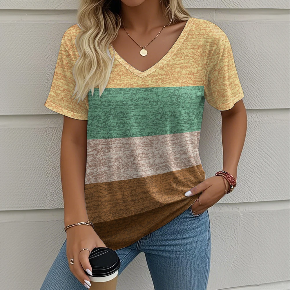 

Summer Women's T-Shirt Striped Printing Outdoor Retro Fashion Casual Oversized V-Neck Y2k Short-Sleeved Women's Clothing