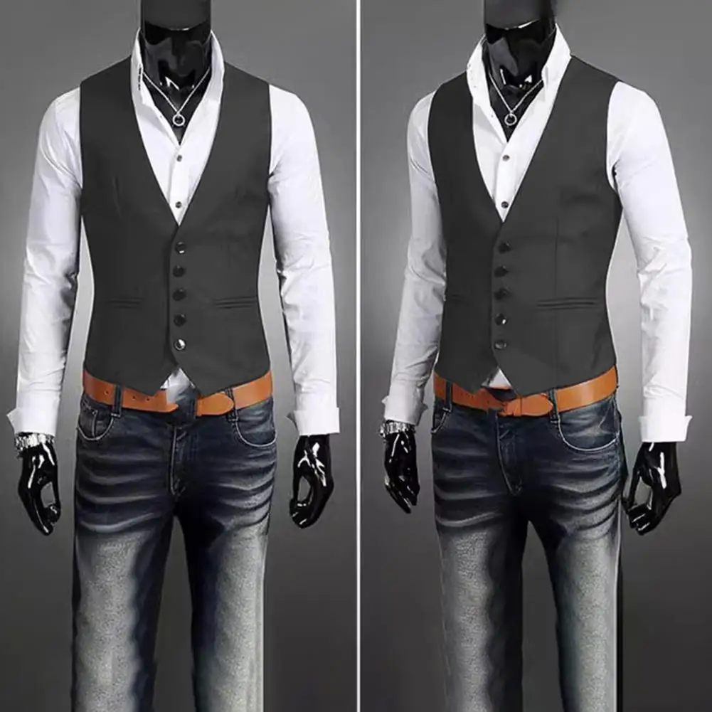 Men Suit Vest V-Neck Single-Breasted Sleeveless Suit Jacket Solid Color Pockets Design Autumn Winter Business Waistcoat